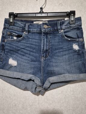 Garage Blue Distressed Roll-Cuff Retro High Rise Stretch Denim Short Size:05